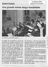 article Maine Libre 05/04/2011 ; misatango Palmeri, chorale Emichante dirigée par Evelyne Béché