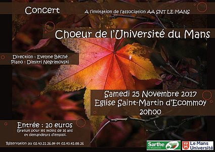 Concert du Choeur de l'Université du Mans dirigé par Evelyne Béché. 25 novembre 2017, église d'Ecommoy, Sarthe, France