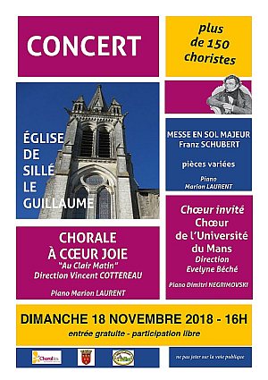 Affiche du concert de la Chorale A Coeur Joie Au Clair Matin avec le Choeur de l'Université du Mans. Messe en sol majeur de Schubert - Direction Vincent Cottereau