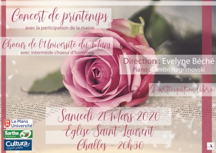 Concert du Choeur de l'Université du Mans, samedi 21 mars 2020, église de Challes, direction Evelyne Béché - choeur d'hommes