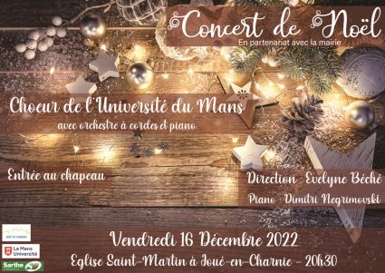 Affiche du Concert de Noël du Choeur de l'Université du Mans, vendredi 16 décembre 2022, Joué-en-Charnie.