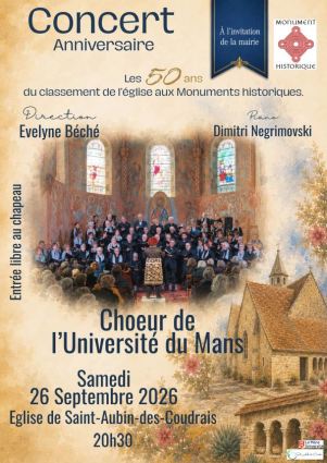 affiche Concert du Choeur de l'Universit� du Mans, samedi 26 septembre 2026, dirig� par Evelyne B�ch�, piano Dimitri Negrimovski, �glise de Saint-Aubin-des-Coudrais (Sarthe, France)