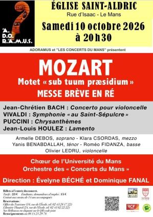 concert du 10 octobre 2026 - d'hier � ajourd'hui - messe br�ve de Mozart - Adoramus - Choeur de l'Universit� du Mans