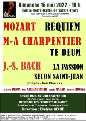Concert du Choeur Marc-Antoine Charpentier de Melun avec orchestre, dirigés par Evelyne Béché - Eglise Ste-Croix, Le mans, dimanche 15 mai 2022