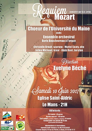 Affiche du concert Requiem de Mozart - Choeur de l'Université du Maine, Prizm'Orchestral, 10 avril 2017, église Saint-Aldric, Le Mans (Sarthe, France)