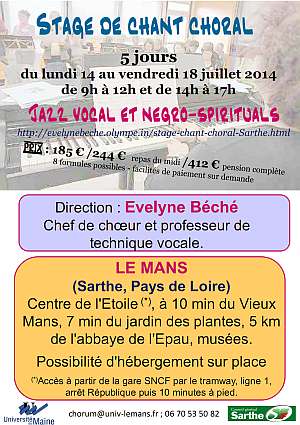 stage de chant choral - juillet 2014 - jazz vocal et negro-spirituals - Le Mans - Sarthe dirigé par Evelyne Béché