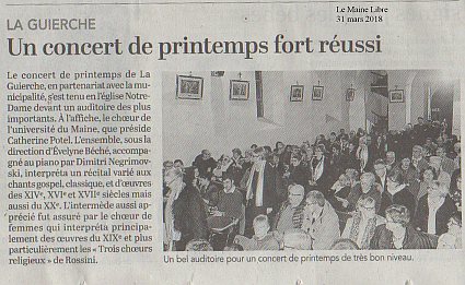 Article du Maine Libre du 31/03/2018 - Concert du Choeur de l'Université du Mans, samedi 24 mars 2018, dirigé par Evelyne Béché, piano Dimitri Negrimovski, La Guierche (Sarthe, France)