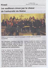 article du Maine libre du 24 novembre 2010 - concert du choeur de l'Université du Maine à Pirmil, dirigé par Evelyne Béché