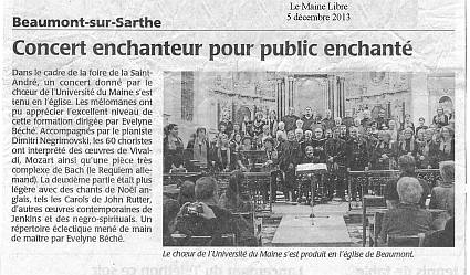 article Le Maine Libre - concert Choeur université du Maine Beaumont-sur-Sarthe 30 novembre 2013 - direction Evelyne Béché