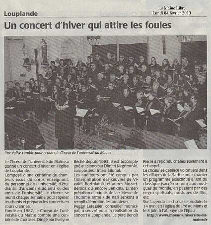 article du Maine Libre du 04/02/2013 - concert du Choeur de l'Université du Maine à Louplande le 3 février 2013