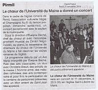 article du Ouest-France du 25 novembre 2010 - concert du choeur de l'Université du Maine à Pirmil, dirigé par Evelyne Béché