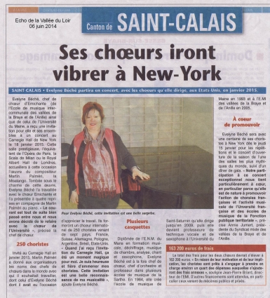 article L'écho de la Vallée du Loir - 6 juin 2014 - Evelyne Béché - misatango - Carnegie Hall