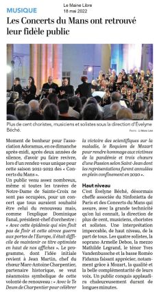 Article du Maine Libre - 18/05/2022 - Requiem Mozart, Te Deum Charpentier with the Choir Marc-Antoine Charpentier and the orchestra Sinfonietta from Paris, conducted by Evelyne Béché