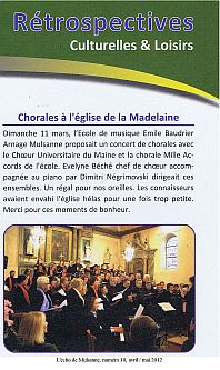 article concert Echo de Mulsanne, concert Choir of the University of Maine and choir "Mille accords", 11th March 2012, Church of Mulsanne