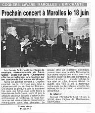 article écho de Vibraye - concerts de la chorale Emichante à Cogners, Lavaré et Marolles-lès-Saint-Calais, direction EVelyne Béché
