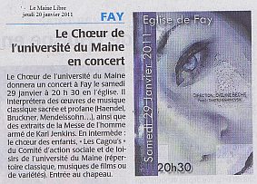 article Le Maine Libre d'annonce du concert du choeur de l'université du Maine et du choeur d'enfants "Les Cagou's" dirigés par Evelyne Béché, le 29 janvier 2011 à Fay
