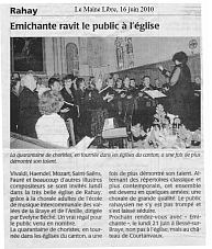 Article du Maine Libre - Concert de la chorale Emichante dirigée par Evelyne Béché, Rahay (Sarthe), 14 juin 2010