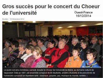 Article de Ouest-France du 16 décembre 2014 - Concert du Choeur de l'Université du Maine dirigé par Evelyne Béché à Rouillon