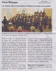 article de Ouest-France du 09 novembre 2010 - concert du choeur de l'Université du Maine à Yvré l'Evêque, dirigé par Evelyne Béché