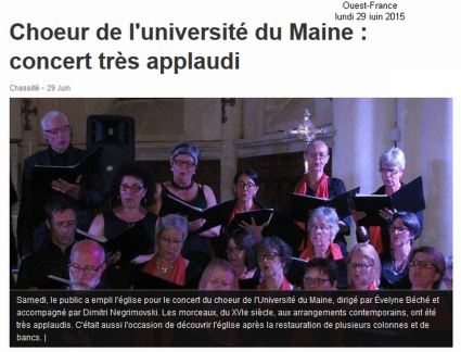 article Ouest-France - concert du Choeur de l'Université du Maine dirigé par Evelyne Béché -27 juin 2015 - Eglise de Chassillé