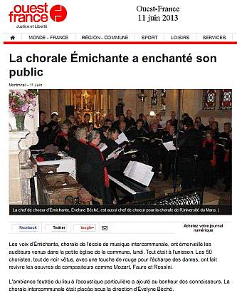 Article ouest-france - concert Emichante Montmirail - direction Evelyne Béché