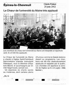 article Ouest-France du 25 juin 2012 - Concert du Choeur de l'Université du Maine à Epineu-le-Chevreuil le 23 juin 2012