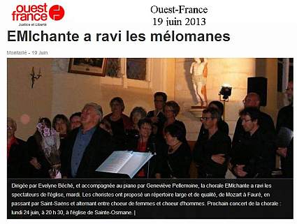 Article Ouest-France - concert Emichante Montaillé - Direction Evelyne Béché