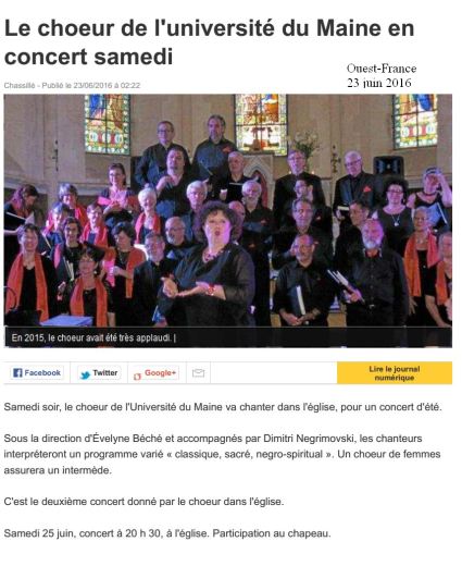 article Ouest-France annonçant le concert du Choeur de l'Université du Maine dirigé par Evelyne Béché -25 juin 2016 - Eglise de Chassillé