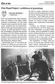 article ouest-france concert Pink Floyd compagnie TDM choir of the University of Maine 1st October 2010 Saulnières Le Mans (Sarthe, France)