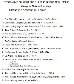 program of the concert of sacred art of the Choir of the University of Maine, conducted by Evelyne Béché, 03 october 2010, Château l'Hermitage (Sarthe, France)