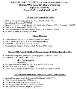 Program of the concert of the Choir of the University of Maine, Chorale Mille Accords, malechoir, Mulsanne (Sarthe, France), 11 March 2012