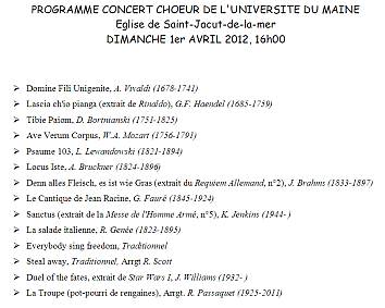 programme of the concert of the Choir of the University of Maine - 1st April 2012 - St-Jacut-de-la-mer, France