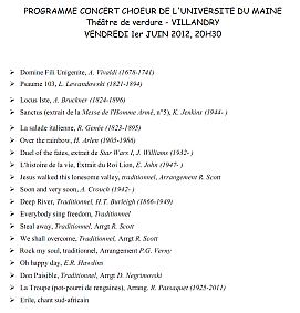 Program of the concert of the Choir of the University of Maine - 1st April 2012 - Villandry, France