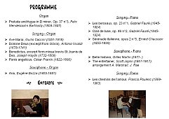 programme of the recital singing, saxophone, piano, organ, Evelyne Béché, Boris Bouchevreau, january 2010, Le Mans, Sarthe (France)